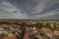 View from big old historic tower in cloudy day in Ceske Budejovice CZ 09 19 2023