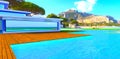 View of the big rock from the decked area near the pool in the yard of the private villa located on the tropical island. 3d