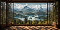 view from big french window at a wonderful landscape nature view with mountain,lake, forest and blue sky Royalty Free Stock Photo