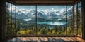 view from big french window at a wonderful landscape nature view with mountain,lake, forest and blue sky Royalty Free Stock Photo