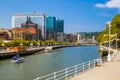 View of Bilbao, Downtown with a Nevion River, Zubizuri Bridge an Royalty Free Stock Photo