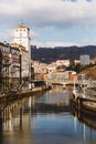 View of Bilbao, Spain city downtown with a Nevion River. Royalty Free Stock Photo