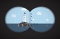 View from the binoculars on lighthouse at rocks in the sea Royalty Free Stock Photo