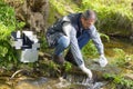 View of a Biologist take a sample in a river. Royalty Free Stock Photo