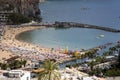 View from the bird`s eye view to the dock with yachts and beach Royalty Free Stock Photo