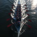 view Birds eye of rowing team, displaying flawless synchronization