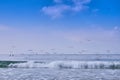 View of birds flying over the sea waves under the blue sky Royalty Free Stock Photo