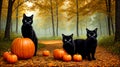 View of black cats with pumpkins in the autumn forest for Halloween Royalty Free Stock Photo