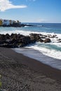 View On Black Sandy Beach Playa Jardin And Black Lava Rocks In Puerto De La Cruz, Tenerife, Canary Islands