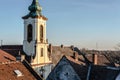 View of Blagovestenska church among old tile roofs. Szentendre, Hungary Royalty Free Stock Photo