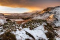 View to Blea Tarn from Side Pike. Snow mountain range, Lake District National Park, UK.