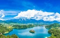 View of Bled lake and Karavanke mountains behind in Gorenjska, Slovenia