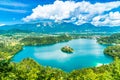 View of Bled lake and Karavanke mountains behind in Gorenjska, Slovenia