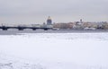 View of the Blessed Bridge and St. Isaac`s Cathedral across the neva river in St. Petersburg, Russia