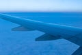 View of the blue cloudy sky from the height of flight above the clouds from the airplane window Royalty Free Stock Photo