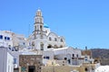 View of a blue domed church in the village of Pyrgos in Santorini, Greece