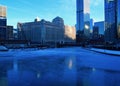 View of a blue and freshly frozen Chicago River during frigid morning Royalty Free Stock Photo