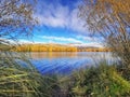 A view on a blue lake with dence vegetation on the front and autumn trees