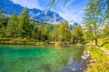 View of the Blue lake Lago Blu near Breuil-Cervinia in Val D`Aosta,Italy.