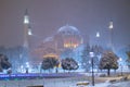 View of the Blue Mosque in the snowy winter. Istanbul, Turkey