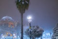 View of the Blue Mosque in the snowy winter. Istanbul, Turkey