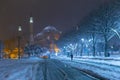 View of the Blue Mosque in the snowy winter. Istanbul, Turkey Royalty Free Stock Photo