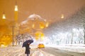 View of the Blue Mosque in the snowy winter. Istanbul, Turkey