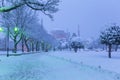 View of the Blue Mosque in the snowy winter. Istanbul, Turkey