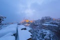 View of the Blue Mosque in the snowy winter. Istanbul, Turkey