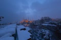 View of the Blue Mosque in the snowy winter. Istanbul, Turkey