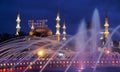 The evening illumination of fountain and Blue mosque with mahya lights during Ramadan, Istanbul