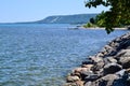 View of the Blue Mountains from rocky shoreline of Georgian Bay