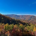 A view of the Blue Ridge Parkway during the autumn fall color changing season