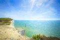 This is a view of the blue sea, Beachy head lighthouse, East Sussex, England. Artwork, digital graphics, painting Royalty Free Stock Photo