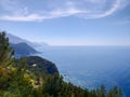 View of blue sea and coastal cliffs and Tramuntana mountains in Banyalbufar, Mallorca, Spain Royalty Free Stock Photo