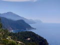 View of blue sea and coastal cliffs and Tramuntana mountains in Banyalbufar, Mallorca, Spain Royalty Free Stock Photo