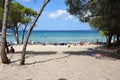 View of the blue sea, sky and a crowded sandy beach. Karidi, Halkidiki peninsula, Greece, August 8, 2023, Editorial Image Royalty Free Stock Photo