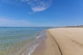 View of blue sea waves at sandy beach. Horizon line. Caspian Sea, sandstone coast. ustyurt. Selective focus, long shutter speed