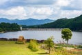 View of blue sky, white clouds and green hills and forest at outdoor reservoir Royalty Free Stock Photo