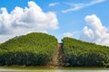 View of blue sky, white clouds and green hills and forest at outdoor reservoir Royalty Free Stock Photo