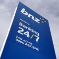 View of BNZ (Bank of New Zealand) road sign in Botany Town Centre