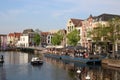 Boat canal cafes Turfmarkt Leiden Netherlands