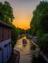 View of a boat on a canal at sunset near Paddington, London, England, UK Royalty Free Stock Photo