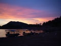 View of the boat seat,Sea storm landscape. Dramatic overcast sky.Sunset sky, The lake at sunset Royalty Free Stock Photo