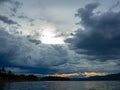 View of the boat seat,Sea storm landscape. Dramatic overcast sky.Sunset sky Royalty Free Stock Photo