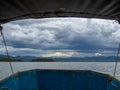 View of the boat seat,Sea storm landscape. Dramatic overcast sky.Sunset sky Royalty Free Stock Photo