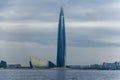 View from a boat to the tallest skyscraper in Europe, Lakhta Center, on the shores of the Gulf of Finland