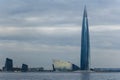 View from a boat to the tallest skyscraper in Europe, Lakhta Center, on the shores of the Gulf of Finland