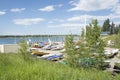 View of boat yard with small sailing boats and kayaks Royalty Free Stock Photo