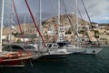 A view of boats by the Calymnos harbor in Calymnos city harbor, in Calymnos Island